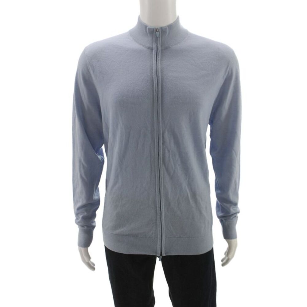 Patrick Assaraf Men Full Zip Merino Mock Neck Light Blue Sweater Size XL